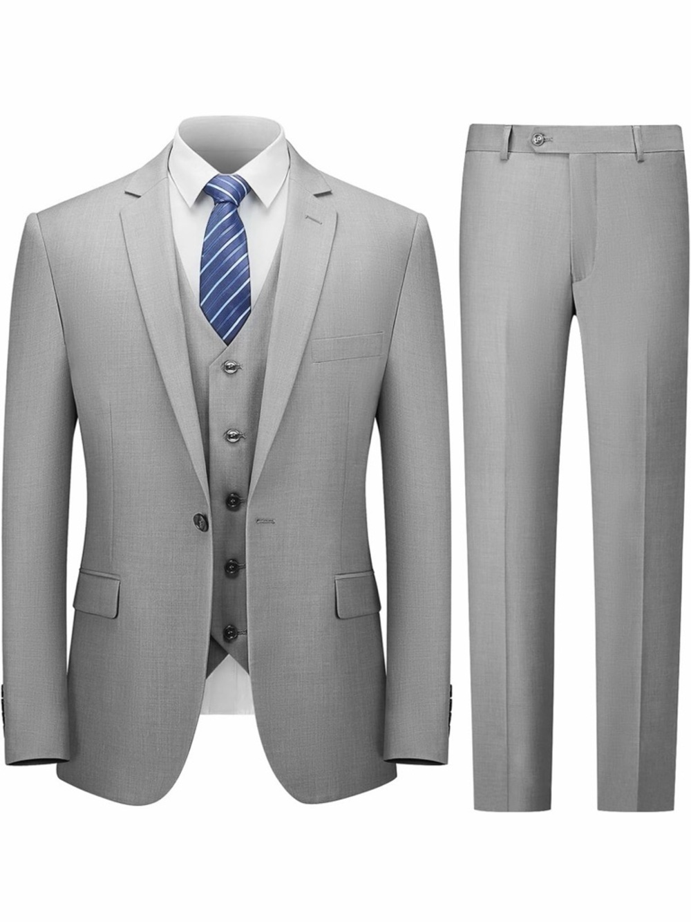 Amazon Light Gray Three-Piece Suit with Blue Tie